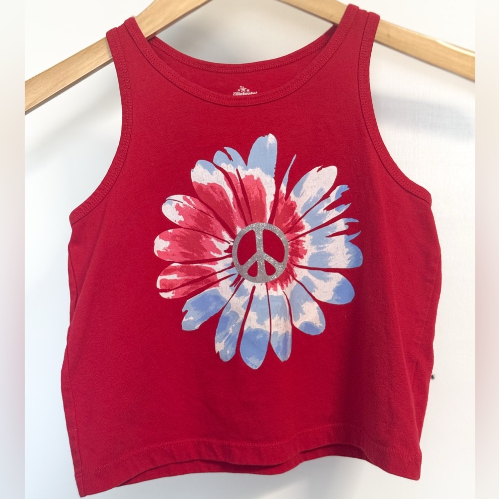 Way To Celebrate Girls Peace Sign Flower Tank Red White Blue Size M 14